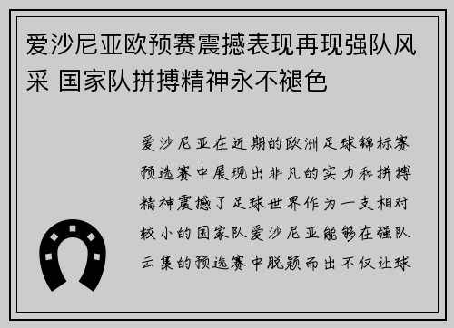 爱沙尼亚欧预赛震撼表现再现强队风采 国家队拼搏精神永不褪色