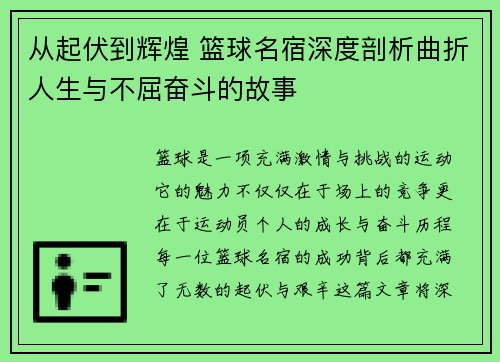 从起伏到辉煌 篮球名宿深度剖析曲折人生与不屈奋斗的故事