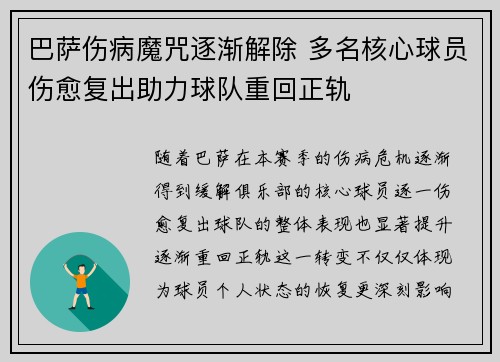 巴萨伤病魔咒逐渐解除 多名核心球员伤愈复出助力球队重回正轨