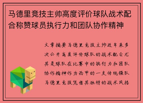 马德里竞技主帅高度评价球队战术配合称赞球员执行力和团队协作精神